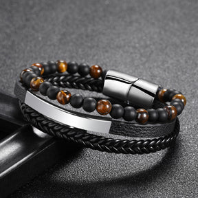 6mm Tiger Eye Bead Bracelet - Genuine Leather, Multi-Layer Men's Black Leather Wristband