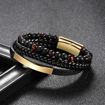 6mm Tiger Eye Bead Bracelet - Genuine Leather, Multi-Layer Men's Black Leather Wristband