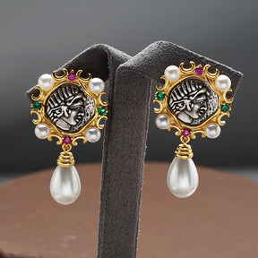 Vintage Pearl Earrings for Women - Unique Court Style - Antique Coin & Portrait Design - Luxury Fashion Jewelry