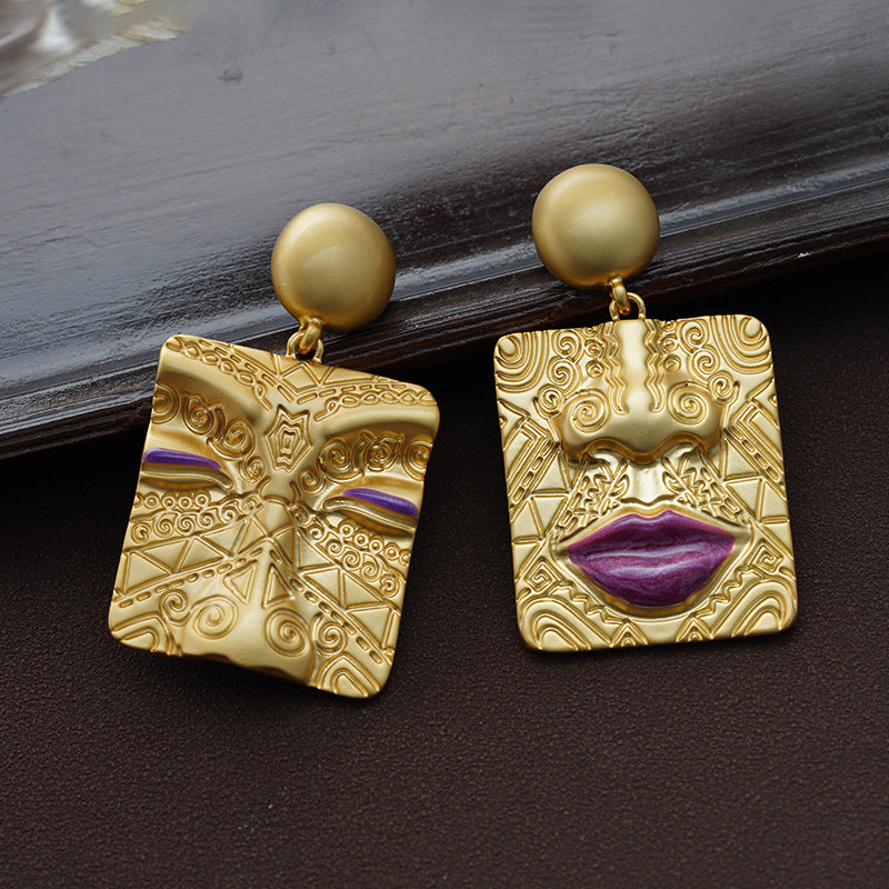 Vintage Gold Earrings for Women - European Style - Human Face Embossed - Unique Geometric Asymmetry - Elegant Jewelry