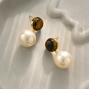 Vintage Pearl Earrings for Women - Elegant and Stylish Malachite Ear Studs with Tiger Eye Stones