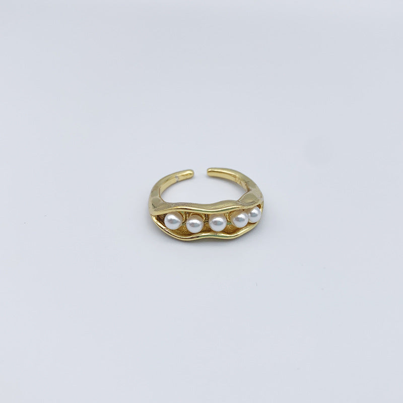 Open-Ended Pearl Ring for Women - New Japanese Style - Luxurious Pea Pod Design - INS Chic Statement Finger Ring