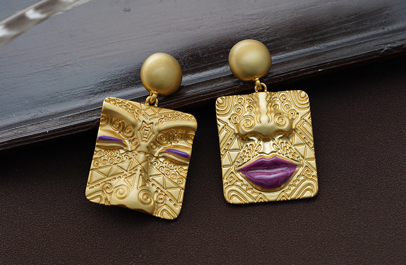 Vintage Gold Earrings for Women - European Style - Human Face Embossed - Unique Geometric Asymmetry - Elegant Jewelry