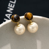 Vintage Pearl Earrings for Women - Elegant and Stylish Malachite Ear Studs with Tiger Eye Stones