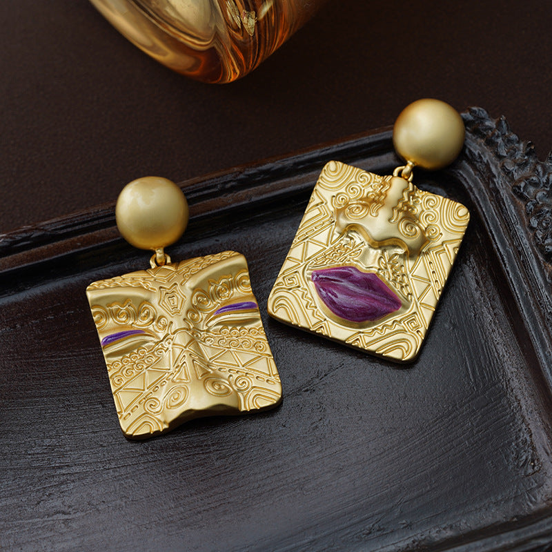 Vintage Gold Earrings for Women - European Style - Human Face Embossed - Unique Geometric Asymmetry - Elegant Jewelry