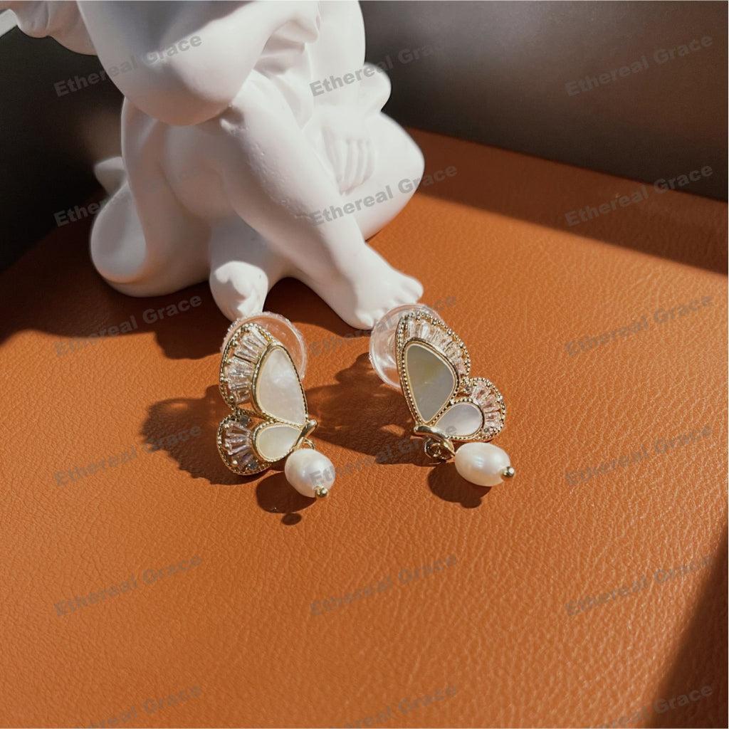 s925 Silver Needle Female Butterfly Shell Freshwater Pearl Zircon Earrings Korean Version Fashion Versatile Earrings