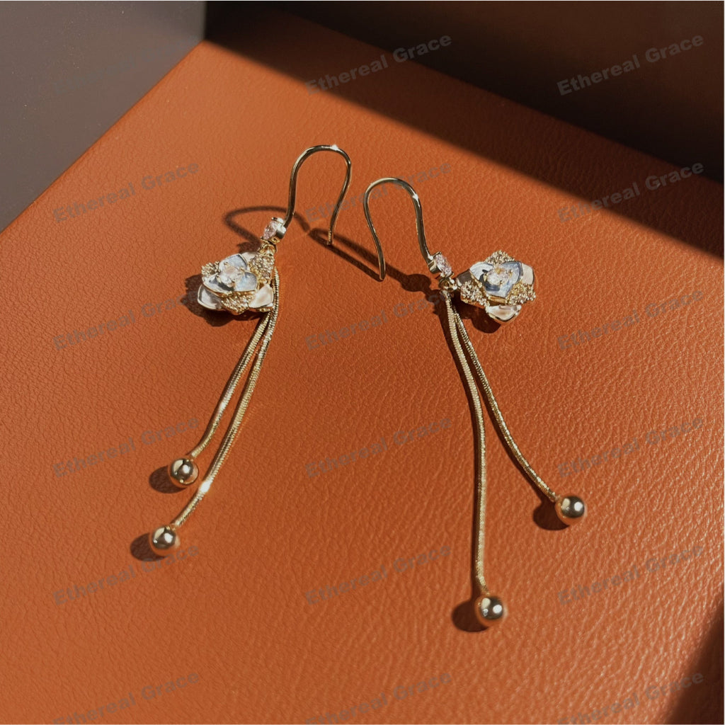 s925 Silver Needle Zircon Earrings Female French Vintage Camellia Light Luxury High-End Handmade Design