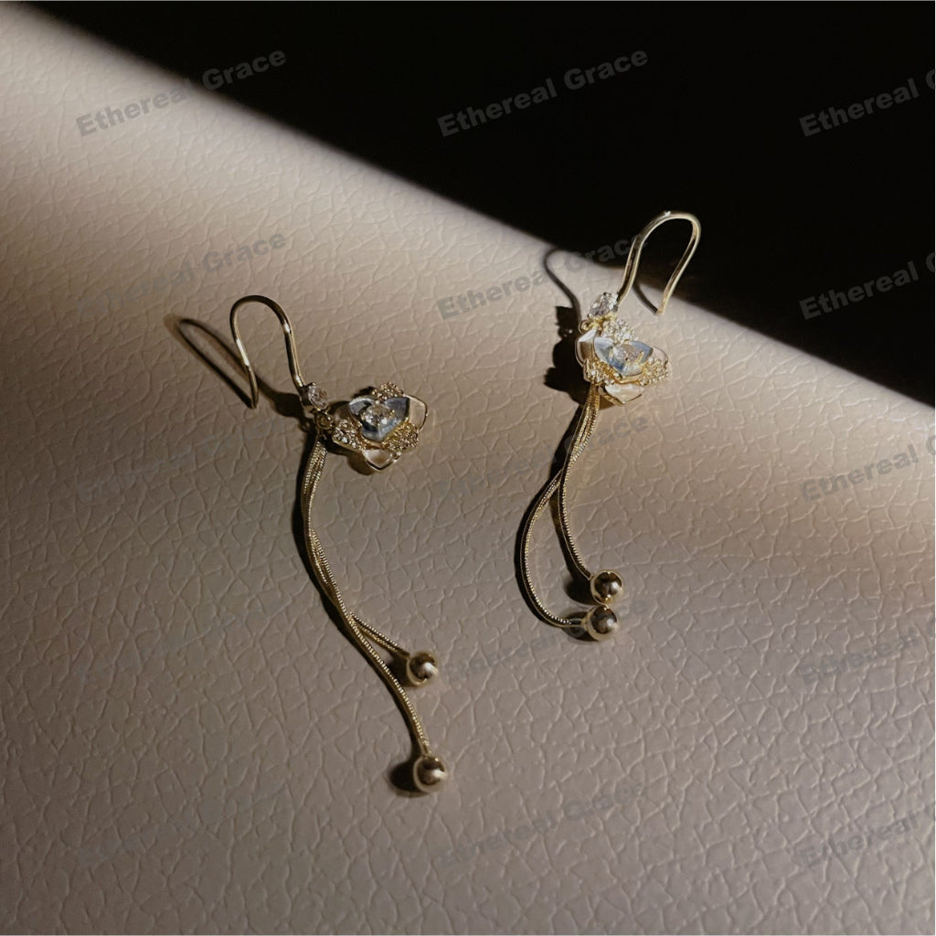 s925 Silver Needle Zircon Earrings Female French Vintage Camellia Light Luxury High-End Handmade Design