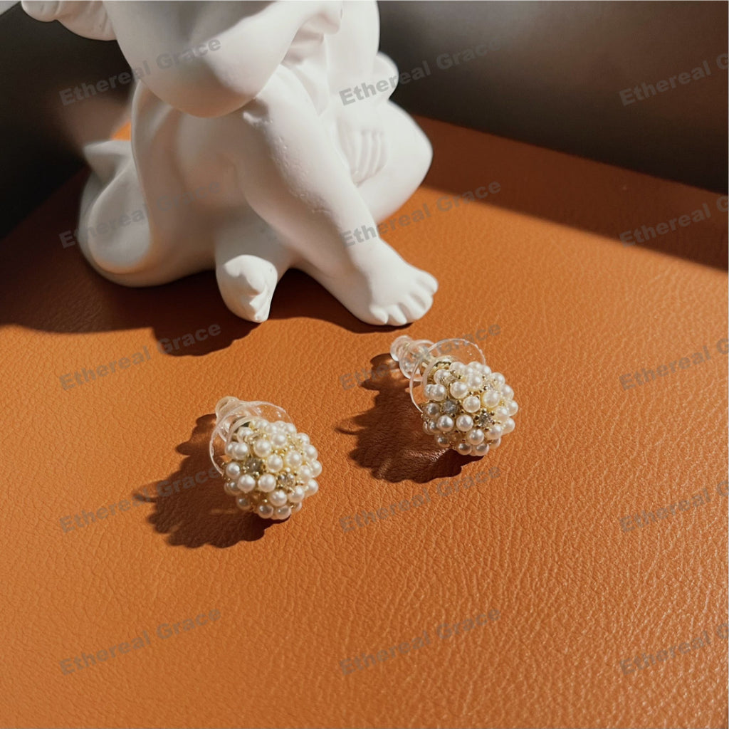 s925 Silver Needle Earrings Female Semicircle Pearl Rice Grain Zircon High-End Trendy Korean Version Small Elegant Sweet Versatile