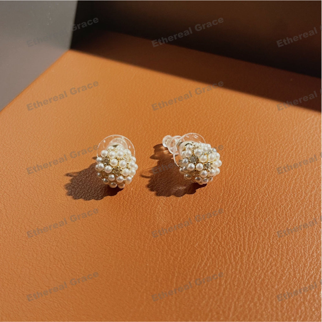 s925 Silver Needle Earrings Female Semicircle Pearl Rice Grain Zircon High-End Trendy Korean Version Small Elegant Sweet Versatile