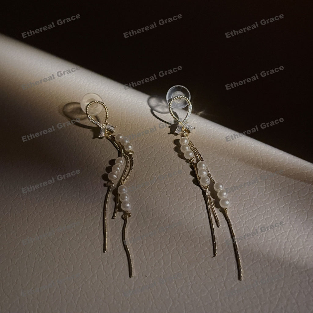 s925 Silver Needle Earrings Female Long Hollow Pearl Tassel Zircon Korean Version Vintage Versatile