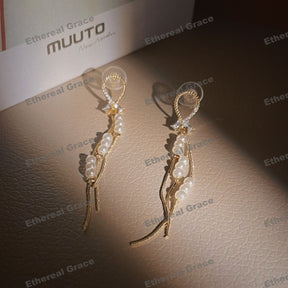 s925 Silver Needle Earrings Female Long Hollow Pearl Tassel Zircon Korean Version Vintage Versatile