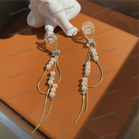 s925 Silver Needle Earrings Female Long Hollow Pearl Tassel Zircon Korean Version Vintage Versatile