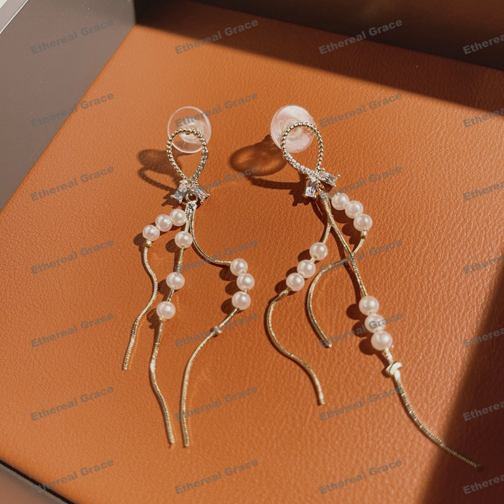 s925 Silver Needle Earrings Female Long Hollow Pearl Tassel Zircon Korean Version Vintage Versatile