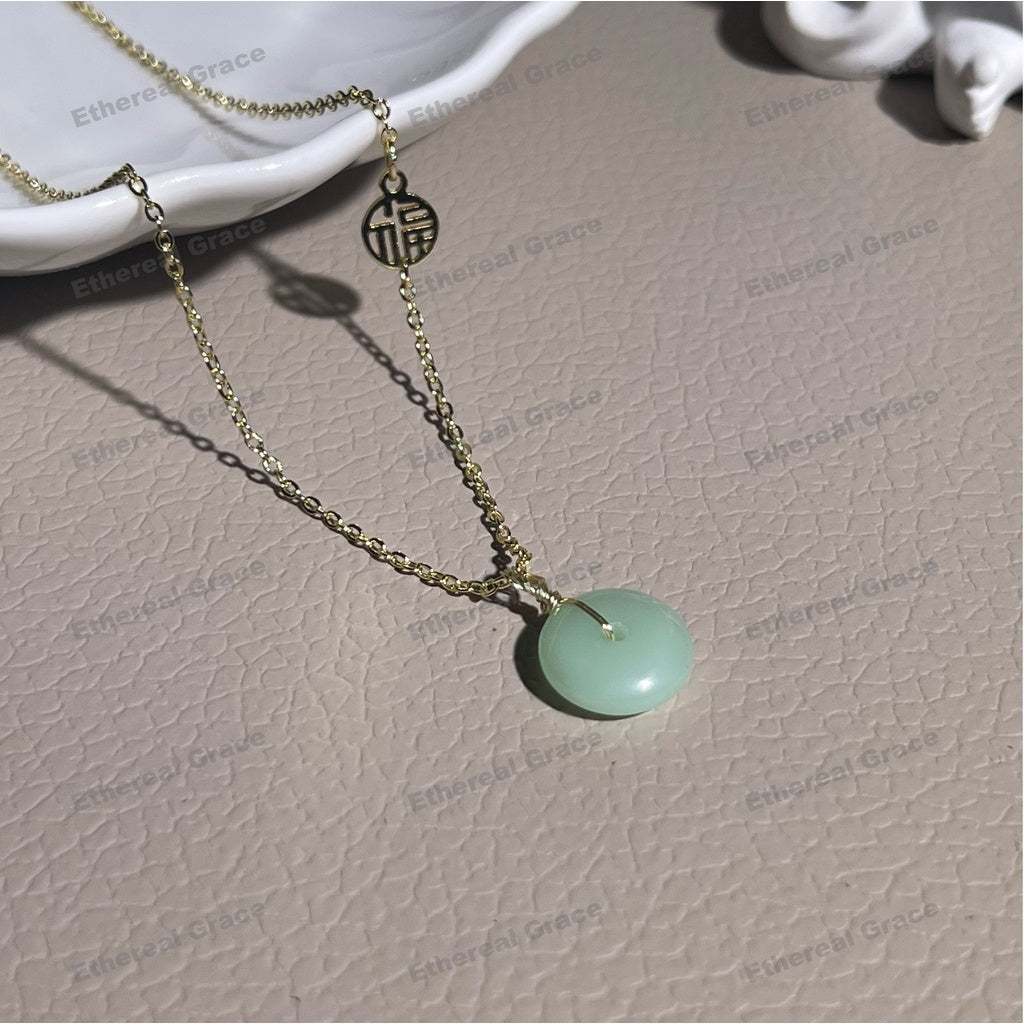 Letter "Fu" Round Plate Safe Buckle Natural Stone Pendant Necklace Female Jewelry Korean Niche High Cold ins Vintage Clavicle Chain