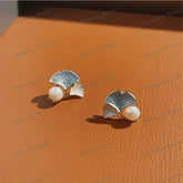 Freshwater Pearl Earrings s925 Silver Needle Niche Design Feel Temperament Ginkgo Leaf Enamel Trendy Unique Versatile ins Style