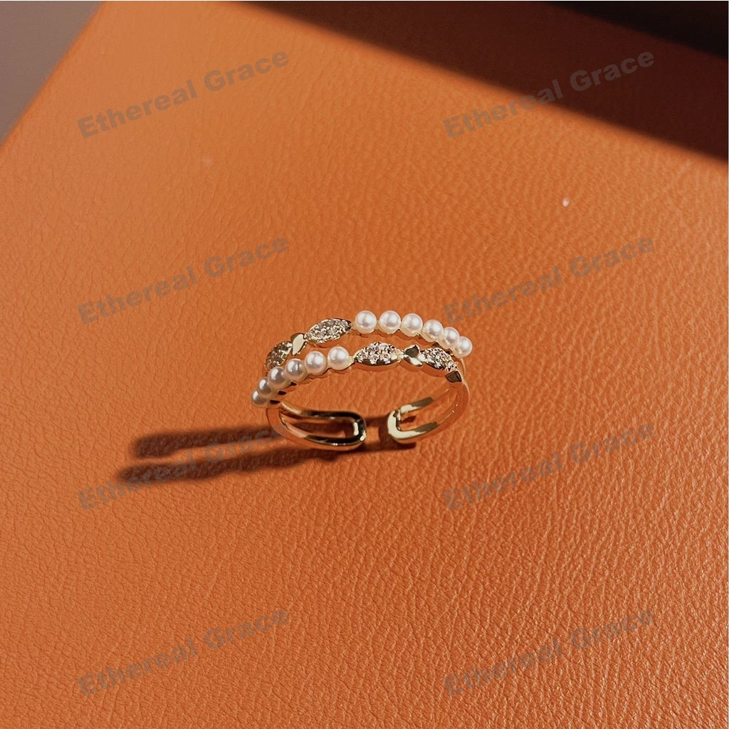 High-End Index Finger Open-end Ring Adjustable Entry Lux Niche Design Exquisite Double-Layer Gold Pearl