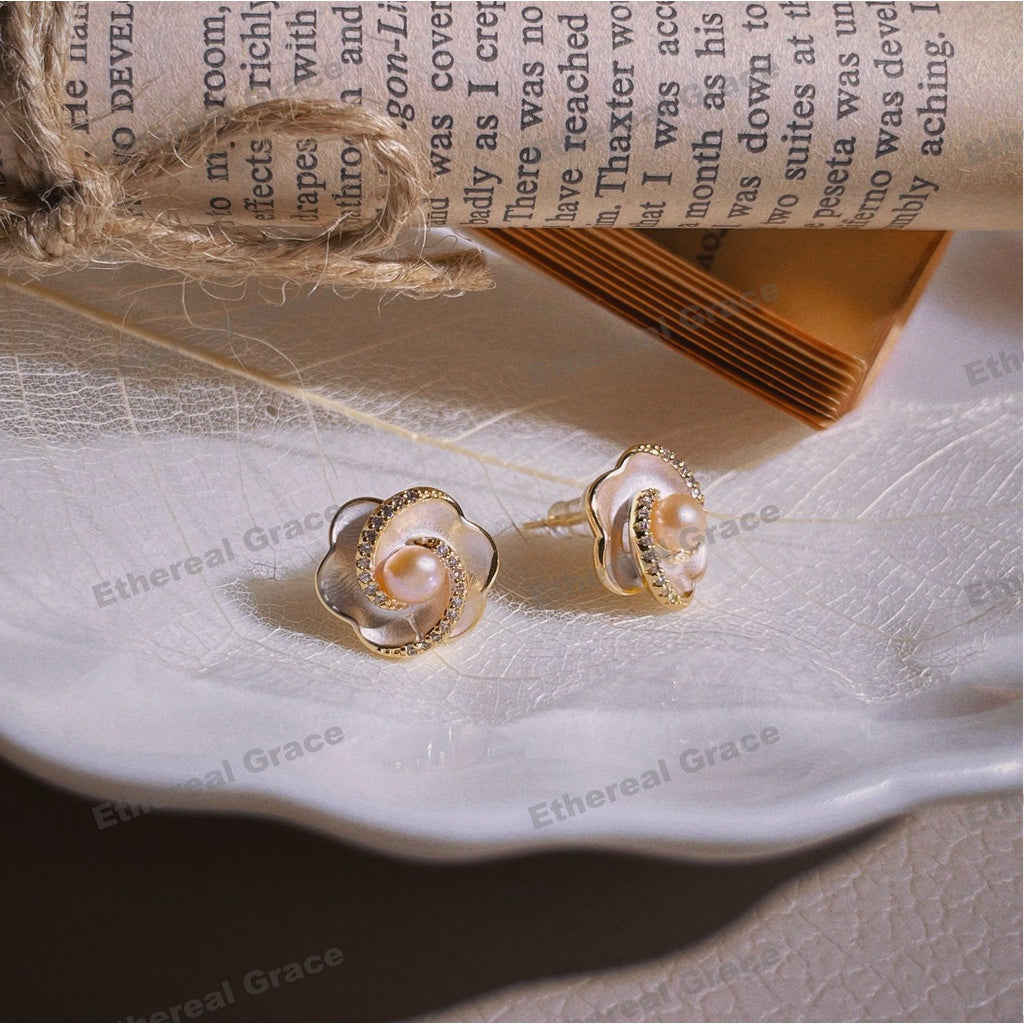 925 Silver Needle Earrings White Camellia Unique Classy Versatile High-End Design Luxury Freshwater Pearl