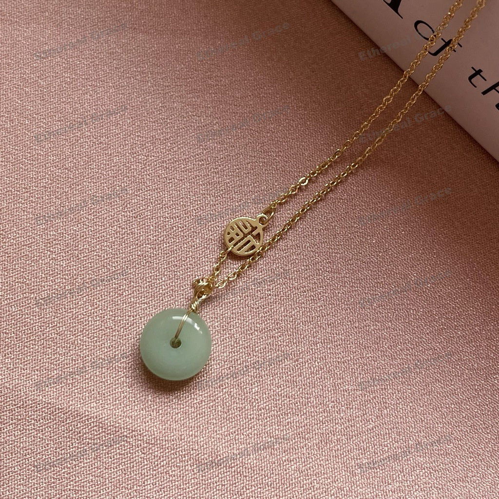 Letter "Fu" Round Plate Safe Buckle Natural Stone Pendant Necklace Female Jewelry Korean Niche High Cold ins Vintage Clavicle Chain